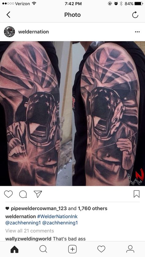 Tig Welder Tattoo, Welding Tattoo Ideas For Men, Welder Tattoo, Welding Tattoo, James Tattoo, Women Welder, Tig Welder, Flag Tattoo, Full Sleeve Tattoo