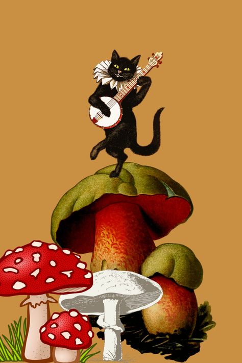 Black cat playing guitar and dancing on mushrooms hippie art Art Illustrations Aesthetic, Illustrations Aesthetic, Cat Design Art, Black Cat Playing, Art Mushrooms, Weird Cats, Cat Playing Guitar, Hippy Art, Dancing Art