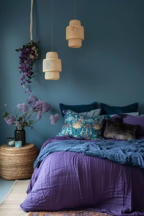 25 Chic Blue and Purple Bedroom Ideas for a Unique Sleep Space - Roomy Retreat Blue And Purple Bedroom Ideas, Purple Bedroom Aesthetic, Blue And Purple Bedroom, Purple Bedroom Walls, Purple Bedroom Ideas, Teal Bedroom Ideas, Lavender Bedroom, Purple Bedroom Decor, Bedroom Purple