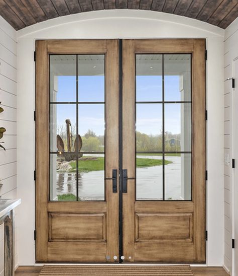 Brown Wood Double Front Door, Modern Farmhouse Double Front Door, Exterior Farmhouse Doors, Back French Doors, French Door Front Door Entrance, Wood Double Front Doors, Wood Double Front Door, Wood French Doors Exterior, Farmhouse Front Doors