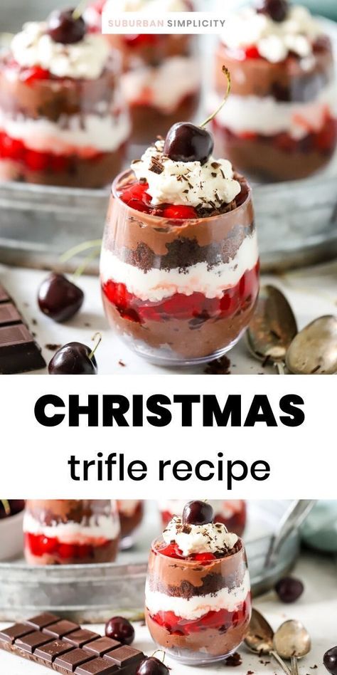 Individual Trifle Desserts Cups Christmas, Christmas Chocolate Trifle, Mini Christmas Trifles, Xmas Trifle Recipes, Easy Christmas Trifle Desserts, Christmas Dessert Chocolate, Christmas Trifle Recipes Easy, Christmas Pudding Cups, Individual Trifle Desserts Cups