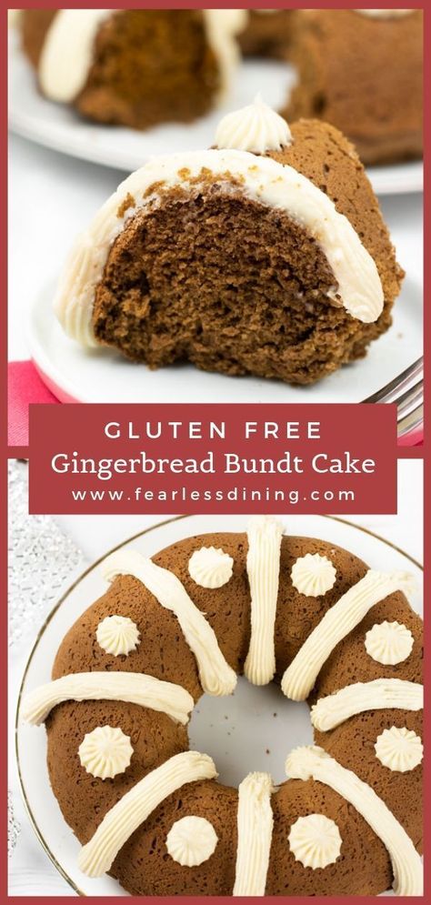 Gingerbread is delicious all year long! This moist and delicious easy Gluten free Gingerbread Bundt Cake recipe is even better topped with cream cheese frosting. Old-fashioned gingerbread flavor. Perfect for Christmas parties, or anytime you want a delicious holiday cake. #gingerbread #fearlessdining #creamcheese #christmascake #bundt #glutenfree Gingerbread Bundt Cake, Gf Sweets, Xmas Recipes, Gluten Free Cake Recipe, Gluten Free Gingerbread, Gluten Free Holiday, Holiday Cake, Gluten Free Cupcakes, Gluten Free Christmas