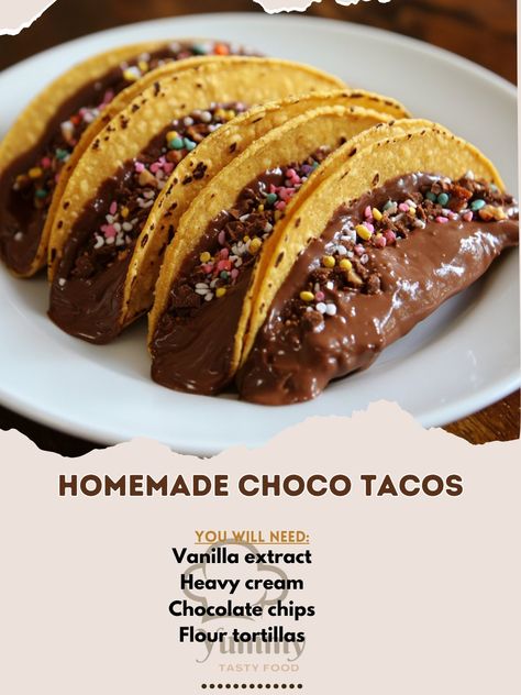 🍫🌮 Treat yourself to Homemade Choco Tacos—crispy taco shells filled with creamy chocolate goodness, perfect for any dessert lover! 🌮🍫 #ChocoTacos #DessertDelight Homemade Choco Tacos Ingredients: Flour tortillas (8 small) Chocolate chips (1 cup) Heavy cream (1/2 cup) Vanilla extract (1 tsp) Sprinkles or crushed nuts (for garnish) Instructions: Heat heavy cream until simmering. Pour over chocolate chips, let sit for 2 minutes, then stir until smooth. Dip tortillas in melted chocolate and m... Homemade Taco Shells, Dessert Tacos, Choco Taco, Crispy Taco Shells, Dessert Taco, Taco Shells, Taco Ingredients, Twisted Recipes, Taco Stuffed Shells