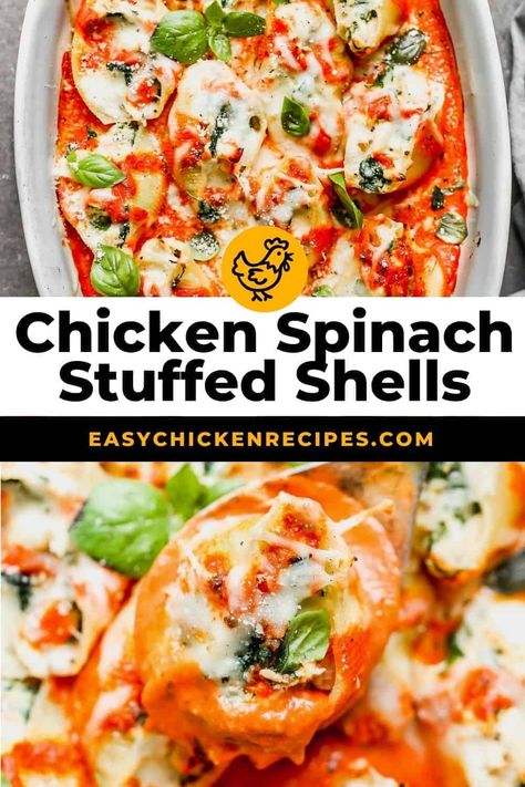 Healthy Stuffed Shells, Stuffed Shells With Spinach, Easy Spinach Recipes, Chicken Ricotta, Jumbo Shells, Chicken Stuffed Shells, Shell Pasta Recipes, Cheesy Chicken Pasta, Spinach Stuffed Shells