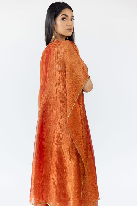 Buy Orange Tissue Silk Embroidered V Neck Crushed Kaftan And Pant Set For Women by Mimamsaa Online at Aza Fashions. Kaftan Kurta, Dresses Indian, Designer Party Wear Dresses, How To Hem Pants, Embroidered Neckline, Under Dress, Designer Dresses Indian, Party Wear Dresses, Pant Set