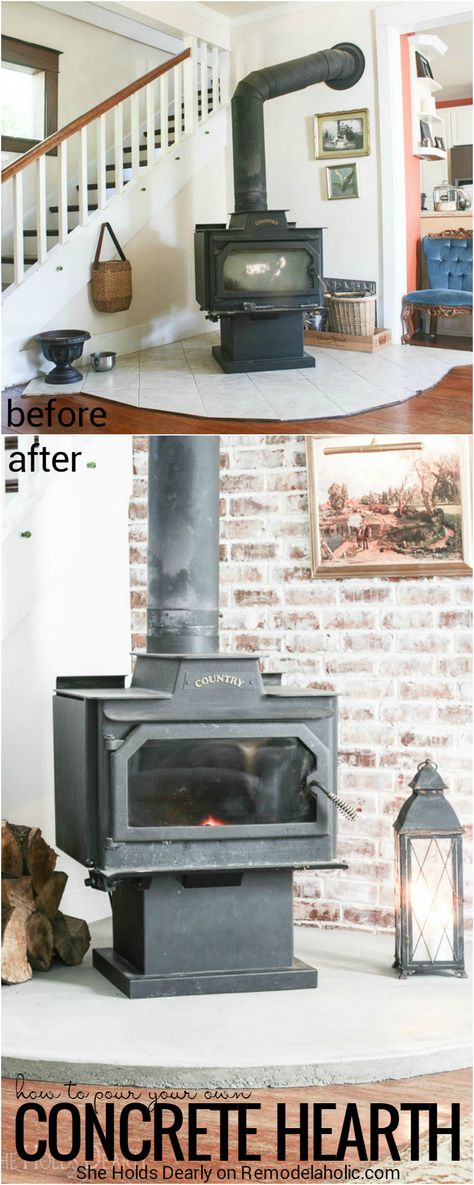 See how Sarah replaced a dated and quirky tile hearth with a simple and inexpensive DIY concrete hearth in her 1906 farmhouse. Woodstove Hearths, 1906 Farmhouse, Tile Hearth, Concrete Hearth, Diy Concrete, Concrete Diy, Crafty Projects, Simple Diy, Easy Tutorial