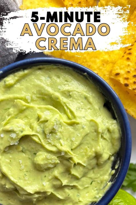 Avocado Lime Crema Avocado Crema Recipe, Avocado Lime Crema, Creamy Jalapeno Sauce, Sour Cream Substitute, Crema Recipe, Lime Crema, Avocado Creme, Jalapeno Sauce, Crispy Tacos