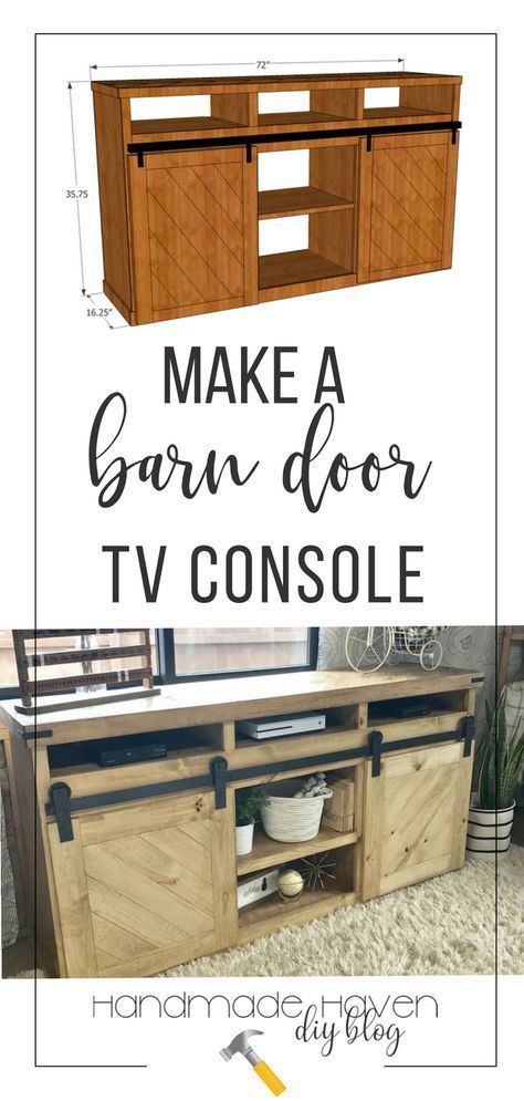 This farmhouse inspired, barn door TV console is a beautiful project. Make your own with my tutorial and woodworking plans #diyfurniture #farmhousestyle #woodworking #woodworkingprojects #woodworkingprojects #diyhome Tv Console Diy, Barn Door Tv Console, Barn Door Tv, Advanced Woodworking Plans, Tv Consoles, Wood Crafting Tools, Woodworking Patterns, Woodworking For Kids, Diy Barn Door