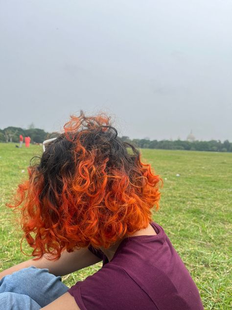 Curly short hair colour orange Orange Dyed Curly Hair, Orange And Black Curly Hair, Short Curly Orange Hair, Hair Colour Orange, Short Hair Colour, Curly Orange Hair, Curly Hair Dyed, Orange Curly Hair, Orange Ombre Hair