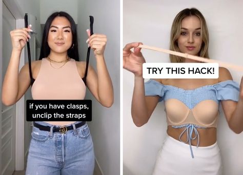 We Tested the Top TikTok Bra Hacks So You Don’t Have To - PureWow Backless Dress Bra Hacks, Backless Tank Top Outfit, Bra Ideas Diy Backless Dresses, Diy Halter Bra Ideas, Open Back Shirt Bra Hack, Bra Hack For Open Back Top, Different Bras For Different Tops, Halter Neck Dress Bra Hack, One Shoulder Bra Hacks Diy Ideas