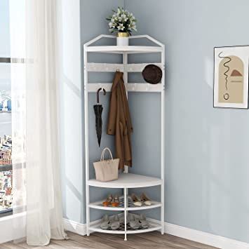 GiftGo Corner Hall Tree with Shoe Bench Entryway Coat Rack with 10 Metal Movable Hooks Retro Brown Freestanding Clothes Rack Shoes Shelf Organizer for Home Office Bedroom 1920 Cottage, Corner Hall Tree, Corner Coat Rack, Shoes Shelf, White Coat Rack, Corner Shelf Design, Wooden Storage Shelves, Shoe Bench Entryway, Bench Entryway