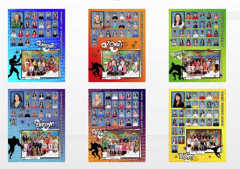 Comic Book Yearbook Designs Superhero Yearbook, Comic Book Yearbook, 1st Grade Bulletin Boards, Elementary Yearbook Ideas, Elementary School Yearbook, Preschool Yearbook, School Yearbook Ideas, Elementary Yearbook, Cheer Banners