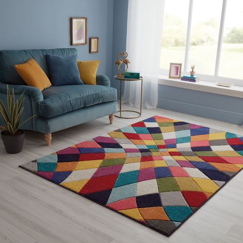 Multicoloured Rug, Neutral Colour Scheme, Geometric Diamond Pattern, Modern Rug Design, Vibrant Rugs, Colourful Living Room, Contemporary Room, Neutral Color Scheme, Geometric Diamond