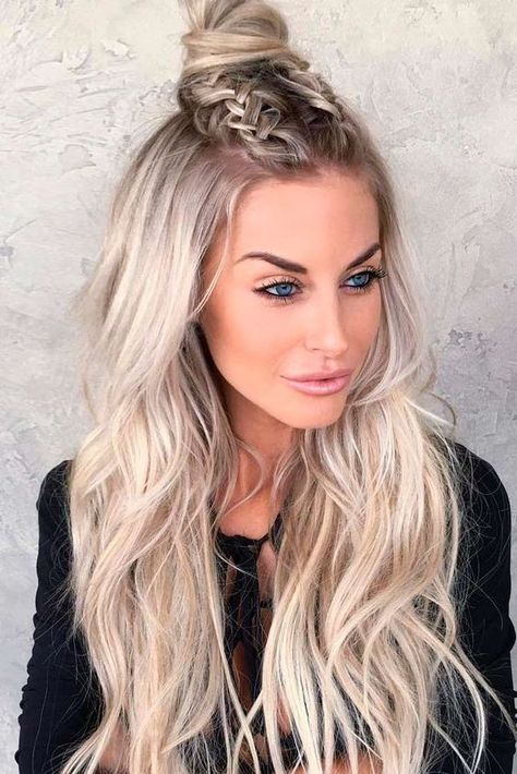 a half updo with two braids on top, a top knot and wavy hair down is a whimsy hairstyle for holidays Down Hairstyles For Long Hair, Long Hair Trends, Fishtail Braids, Hot Hair Styles, Long Blonde, Half Up Half Down Hair, Long Straight Hair, Half Up Hair, Formal Hairstyles