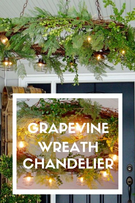 Grapevine Chandelier Diy, Hanging Grapevine Wreath From Ceiling, Christmas Wreath Chandelier Diy, Grapevine Wreath Chandelier, Diy Hanging Wreath Chandelier, Christmas Chandelier Ideas, Vine Crafts, Grapevine Ideas, Floral Chandelier Diy