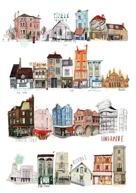 Illustrated Buildings, Nina Cosford, Reportage Illustration, Houses Exterior, London Visit, Building Illustration, Photographie Portrait Inspiration, Colourful Buildings, House Illustration