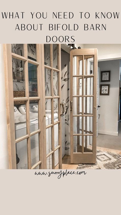 French Door On Track, Bifold Doors With Windows, Home Office Bifold Doors, French Doors Makeover, Bifold Office Doors, Laundry Bifold Doors, Barn French Doors, Bifold Barn Doors Laundry Rooms, Closet Bifold Doors Ideas