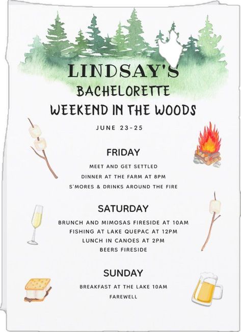 Bachelorette Weekend in the Woods Itinerary Invitation | #bachelorette #weekend #party #itinerary #details #lastflingbeforethering #timeline #woods #cabin #camping Bachelorette Party Themes Cabin, Cozy Cabin Bachelorette Party, Vermont Bachelorette Party, Bachelorette Cabin Weekend, Woods Bachelorette Party, Cabin Bachelorette Party, Cabin Bachelorette, Camp Bachelorette Party, Itinerary Invitation