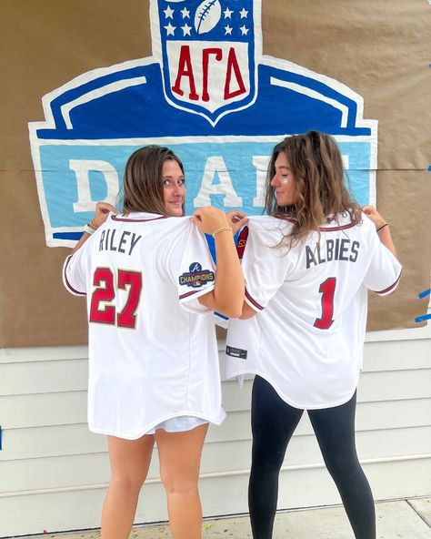 Sorority girls baseball jersey drafted work week theme rush bid day alpha gam Sports Sorority Theme, Jersey Sorority Theme, Baseball Sorority Theme, Draft A Date Sorority, Sorority Spirit Week Themes, Rush Themes, Baseball Bid Day, Sorority Work Week Themes, Work Week Themes Sorority