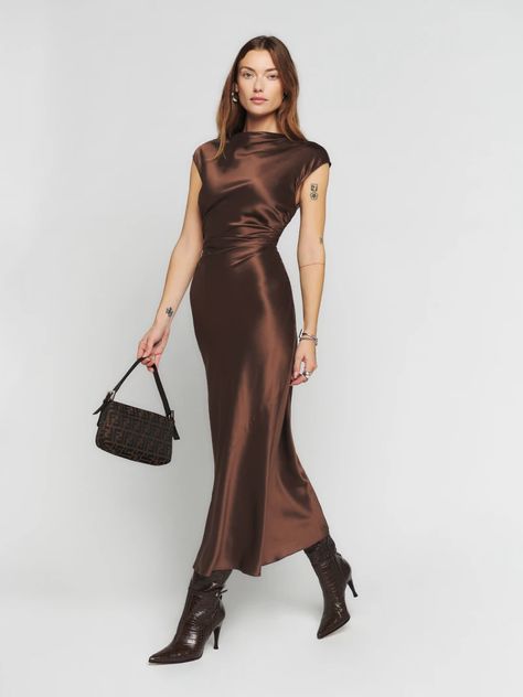 Brown Silk Dress, Brown Bridesmaid Dresses, Silk Dress Short, Cowl Dress, Wedding Attire Guest, Brown Dress, Guest Outfit, Long Sleeve Maxi Dress, Satin Dresses