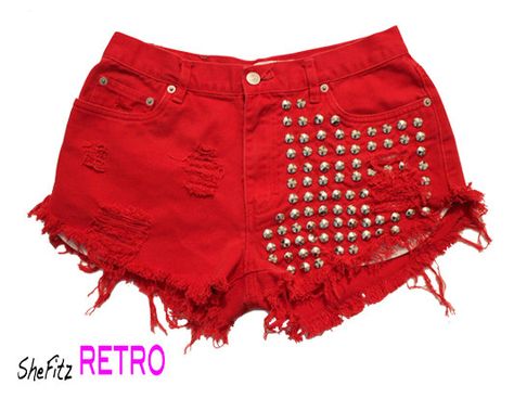 High Waisted Ripped Shorts, Red Denim Shorts, Distressed High Waisted Shorts, Vintage High Waisted Shorts, Destroyed Denim Shorts, Dyed Denim, Look Con Short, Vintage Denim Shorts, Ripped Denim Shorts