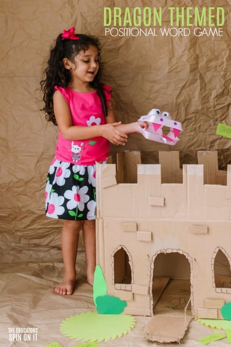 How to create a Dragon Themed Positional Word Game for Preschoolers with a cardboard castle.  A fun math game for your preschooler!   via @educatorsspinon Castle Activities For Preschool, Preschool Castle Activities, Fairy Tale Theme Preschool Dramatic Play, Castle Dramatic Play Kindergarten, Castles And Dragons Preschool, Fairy Tale Stem, Dragons Love Tacos, Creative Math, Reading Games