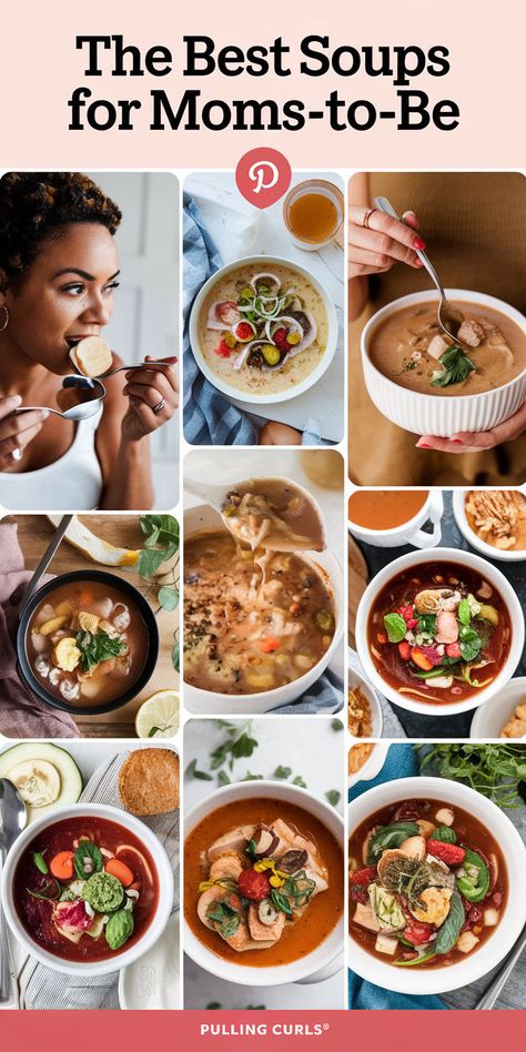 A Pinterest pin with a collage of pregnant women eating delicious soups. The title is "The Best Soups for Moms-to-Be". The site name is "Pulling Curls®". First Trimester Meals, Easy Pregnancy Meals, Baby Bumps Aesthetic, Pregnant Mom Aesthetic, Small Baby Bump Aesthetic, Maternity Aesthetic, Healthy Pregnancy Recipes, Bump Aesthetic, Baby Bump Aesthetic