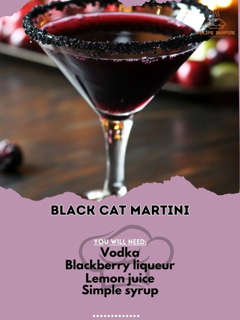 🖤🍸 Unleash your inner feline with the Black Cat Martini! A bewitching blend that's perfect for your Halloween celebrations! Black Cat Martini Ingredients: Vodka (2 oz) Blackberry liqueur (1 oz) Lemon juice (0.5 oz) Simple syrup (0.5 oz) Blackberries (for garnish) Instructions: In a shaker, combine vodka, blackberry liqueur, lemon juice, and simple syrup with ice. Shake well and strain into a chilled martini glass. Garnish with blackberries. 😺✨ Enjoy the Black Cat Martini! This cocktail is... Halloween Martini Recipes, Cat Martini, Halloween Martini, Raspberry Cocktail, Martini Party, Halloween Party Drinks, Martini Ingredients, Cocktail Drinks Alcoholic, Raspberry Liqueur