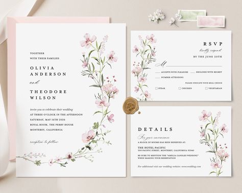 "Blush Pink Wedding Invitation Template, Boho Floral Wedding Invite Set, Sage Blush Wildflower Minimalist Details Card, Printable RSVP, Instant Download ----------------------------------------------------------------------------- THIS FILE IS AN EDITABLE DIGITAL FILE. (COMPUTER, MOBILE DEVICE) DIGITAL FILES ONLY NO PRINTED MATERIALS ----------------------------------------------------------------------------- ★BUY MORE & SAVE MORE★ * You get a 40% discount when you buy 3 or more items. Coupon c Wedding Invitation Cards Blush Pink, Pink Wedding Invitation Template, Dusty Pink Wedding Invitations, Sage Blush, Boho Floral Wedding, Blush Pink Wedding Invitations, Minimalist Details, Pink Wedding Invitation, Blush Pink Wedding