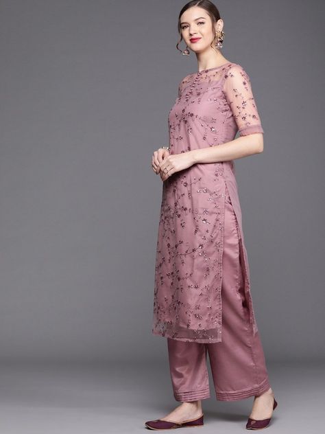 Buy mind blowing mauve net embroidered kurta with pant and ruffled dupatta. for women which is crafted from net fabric with beautiful trendy style and pattern. Kurta Pants For Women Design, Net Suits Design Indian, Ruffle Dupatta, Salwar Kurta, Arabian Dress, Kurta Patterns, Net Blouses, Lehenga Blouse, Kurta Designs Women