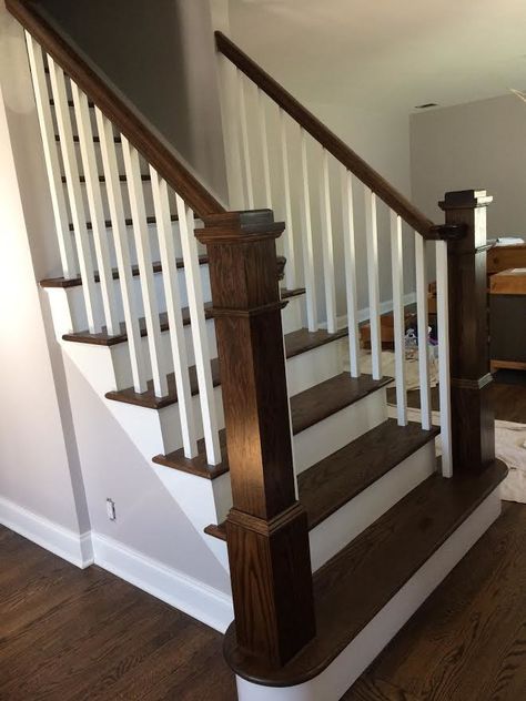 Railing Makeover, Glass Staircase Railing, Stair Railing Makeover, Wood Balusters, Staircase Railing, Handrail Design, Traditional Staircase, Interior Staircase, New Staircase