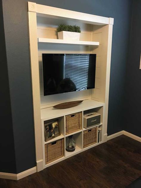 Closet to media center project - Imgur Tv Closet Ideas, Closet Into Entertainment Center, Closet Entertainment Center Bedroom, Closet Tv Nook, Closet To Media Center, Closet Into Tv Nook, Tv Nook Makeover Built Ins, Tv In A Closet, Convert Closet To Built In