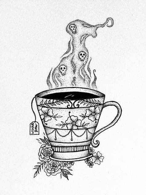 Witches Brew Tattoo, Ghost With Tea Cup Tattoo, Spooky Tea Cup Tattoo, Tea Cup Tattoo, Tea Cup Drawing, Witchy Tattoos, Coffee Cup Drawing, Teacup Tattoo, Cup Tattoo