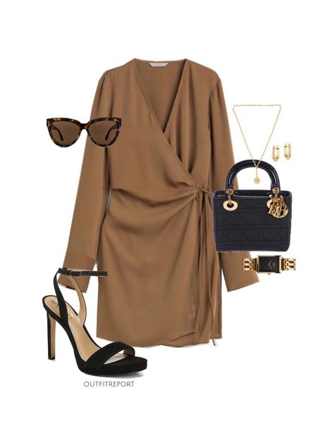 Luxury Wrap Dress For Daywear, Brown Dress Gold Accessories, Luxury Chic Daywear Wrap Dress, Golden Shoes Outfit Heels, Black Dress Gold Heels Outfit, Golden Shoes Outfit, Chic Brown Daywear Mini Dress, Uk Street Style, University Outfit