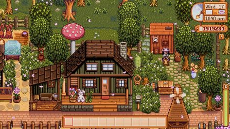 Stardew Valley House Exterior, Stardew Valley House Color, Stardew Valley Farm Layout Aesthetic, Aesthetic Farm Stardew Valley, Bee Layout Stardew, Modded Stardew Farm, Farm Decor Stardew Valley, Woodland Farm Stardew, Rain Vibes