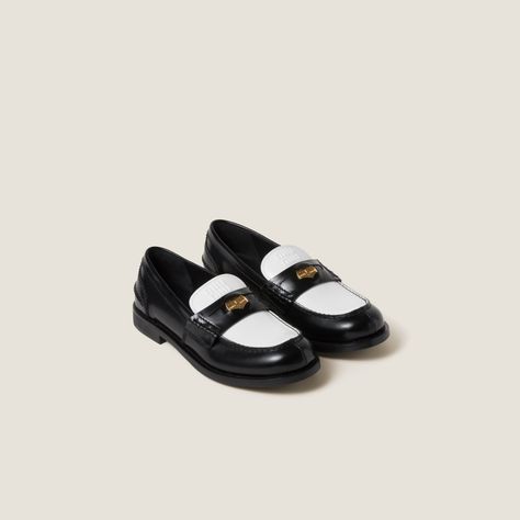 Black/white Leather Penny Loafers | Miu Miu Miu Miu Loafers, Black And White Loafers, Penny Loafers Women, White Loafers, Loafers Outfit, Wedge Loafers, Black And White Shoes, Miu Miu Shoes, Penny Loafer