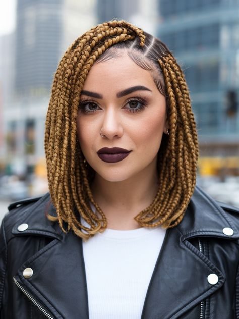 Simple Shoulder-Length Haircuts for a Trendy Look Bob Box Braids Styles Shoulder Length, Shoulder Length Hair Braids, Braided Bob Box Braids, Layers Braids, Shoulder Length Braids, Shoulder Length Updo, Shoulder Length Box Braids, Short Box Braids Bob, Bob Box Braids Styles