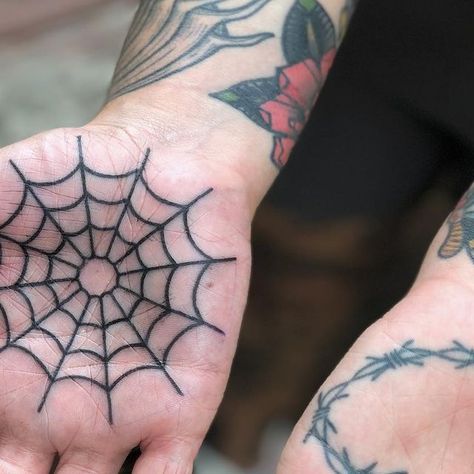 Daniel Patrick on Instagram: "Fresh and healed • #tattoo #spider #spiderweb #texas #atx #austin #blackworkerssubmission #blackwork #btattooing #tttism #blkttt #heart #tattoos #simple #palm #palmtattoo #illustration #lineart #linework" Spiderweb Tattoo, Daniel Patrick, Web Tattoo, Palm Tattoos, B Tattoo, Spider Web, Blackwork, Line Art, Tatting