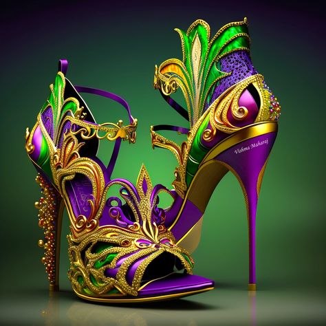 Mardi Gras Shoes by Vishma Maharaj Mardi Gras Shoes, Vishma Maharaj, High Hill Shoes, Whimsical Shoes, Magic Shoes, Fairy Shoes, Motif Art Deco, Fantastic Shoes, Funky Shoes