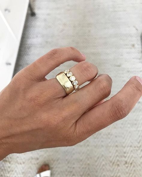 Chunky Stacked Wedding Rings, Funky Wedding Band, Chunky Band Engagement Ring, Chunky Engagement Rings Unique, Flush Engagement Ring, Brushed Gold Engagement Ring, Chunky Gold Engagement Ring, Thick Wedding Band With Engagement Ring, Chunky Wedding Rings