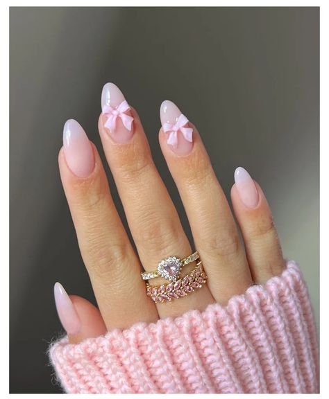 Nails With Bow Charm, Pink Fake Nails, Cute Almond Nails, Nails Medium Almond, Oval Nails Designs, Almond Press On Nails, Cute Pink Nails, Marble Nail Designs, Medium Almond