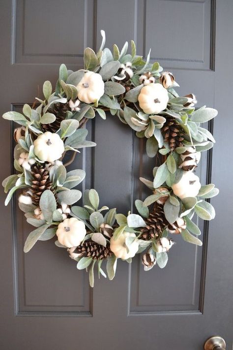 Fall White Pumpkin Wreath Lambs Ear and Cotton Front Door Elegant Fall Wreaths, Cottage Wall Decor, Trendy Farmhouse, Christmas Door Decoration, Fall Thanksgiving Decor, Diy Fall Wreath, Porch Christmas, Farmhouse Fall Decor, Elegant Fall