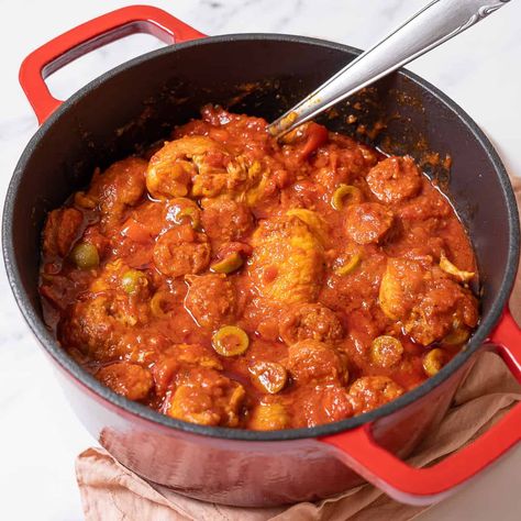 Easy Spanish Chicken and Chorizo Stew Recipe Spanish Chicken Stew Crockpot, Chicken Stew Spanish Style, Spanish Stewed Chicken, Chicken Chorizo Stew, Spanish Chicken Chorizo And Potatoes, Spanish Chicken And Chorizo, Spanish Stew, Green Beans With Almonds, Spanish Chicken