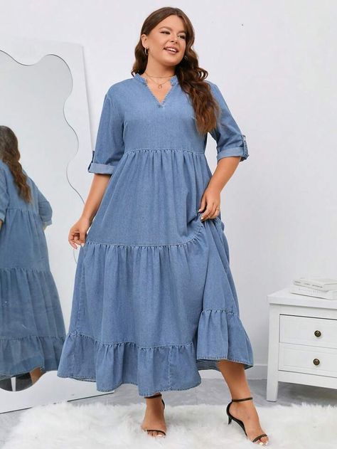 Plus Size Denim Dress, Denim Dresses Online, Notched Neckline, Plus Size Denim, Denim Dresses, Jumpsuit Elegant, Layer Dress, Favorite Dress, Half Sleeve