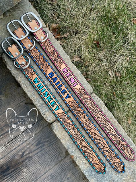 Tooled Leather Dog Collar - Custom Color Buckstitching and Name with Optional Phone Number Tooled Dog Collars, Custom Leather Dog Collar, Dog Leather Collar, Western Dog Stuff, Western Dog Accessories, Leather Dog Collar Pattern, Western Leather Dog Collar, Tooled Leather Dog Collar, Country Gift Ideas