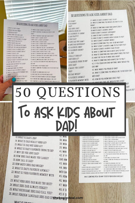 Grab this printable list of Father's Day interview questions to ask your kids this Father's Day. Father Daughter Games, Birthday Interview Questions, Questions To Ask Kids, Questions To Ask Your Kids, 50 Questions To Ask, Birthday Interview, Interview Questions To Ask, 50 Questions, American Heritage Girls