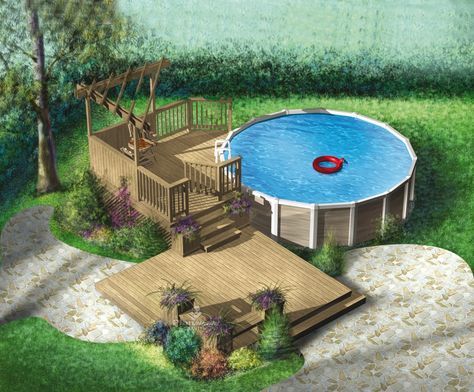 Swimming Pool With Deck, Pool With Deck, Deck Piscina, Piscina Intex, Pool Deck Plans, Swimming Pool Decks, Plan Image, Pool Fun, Above Ground Pool Landscaping