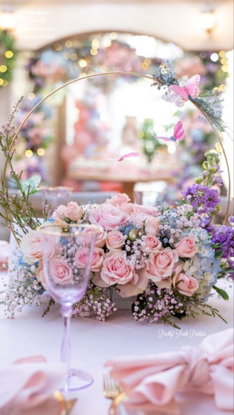 Sweet Sixteen Pastel Theme, Trending Centerpieces, Dreamy Centerpieces, Diy Fairy Centerpiece, Whimsical Sweet 16 Party Ideas, Pink Wedding Theme Ideas, Pastel Colors Quinceanera Theme, Lilac And Pink Wedding Theme, Whimsical Wedding Centerpiece Diy