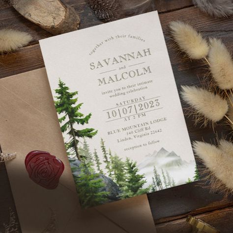 Evergreen Forest Rustic Mountain Wedding Invitation #zazzle #weddinginvitations #birthdayinvitations #babyshowerinvitations #zazzleinvitations #monogram #businesscards #graduation #homedecor Forest Theme Wedding Invitations, Proposal Dinner, Mountain Wedding Invitation, Mountain Wedding Decor, Outdoorsy Wedding, Nature Themed Wedding, Rustic Mountain Wedding, Spruce Trees, Indian Wedding Invitation Card Design