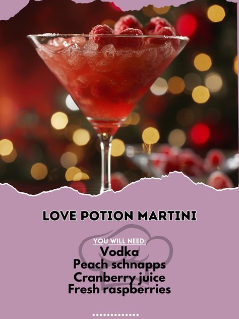 💘 Fall in love with the enchanting Love Potion Martini! 🍸✨ #LovePotionMartini #RomanticDrinks Love Potion Martini Ingredients: Vodka (1 1/2 oz) Peach schnapps (1 oz) Cranberry juice (2 oz) Fresh raspberries (for garnish) Ice cubes Instructions: Fill a shaker with ice cubes. Add vodka, peach schnapps, and cranberry juice. Shake well and strain into a martini glass. Garnish with fresh raspberries. Savor the sweet and romantic flavors of this captivating martini! 💘✨ #RecipeInspire #RomanticC... Lotus Martini, Valentines Martini, Love Potion Cocktail, Romantic Drinks, Diy Party Games, Martini Ingredients, Glass Garnish, Yummy Alcoholic Drinks, Cocktail Night